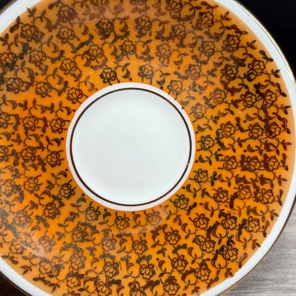 Alka Bavaria Germany Demitasse Cup Saucer‎ Set Orange Luster Gold Filigree VTG
